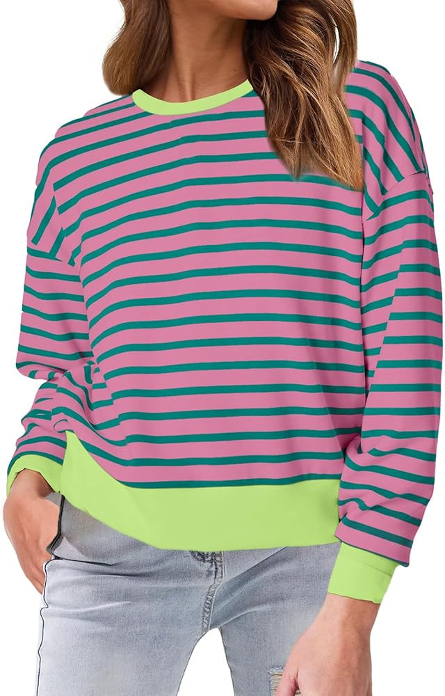 Glamaker Women's Striped Crewneck Sweatshirt Pullover Casual Long Sleeve Cropped Shirts Loose Fit... | Amazon (US)
