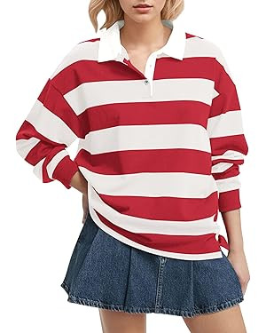 Women Long Sleeve Striped Polo Shirt Oversized Collar Y2k Pullover T Shirt Casual Loose Streetwea... | Amazon (US)