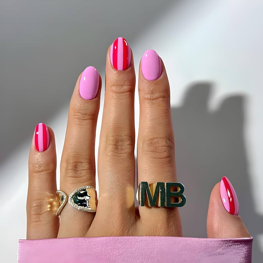 24Pcs Short Press on Nails Pink Fake Nails Almond Glue on Nail Glossy Full Cover False Nails Glow... | Amazon (US)