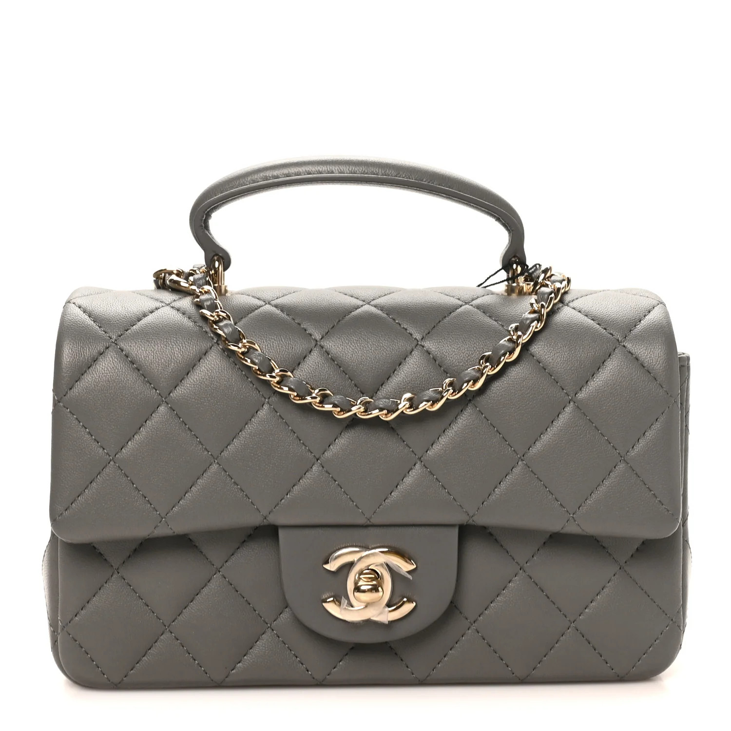 Chanel Lambskin Quilted Mini Top Handle Rectangular Flap Dark Grey | FASHIONPHILE (US)
