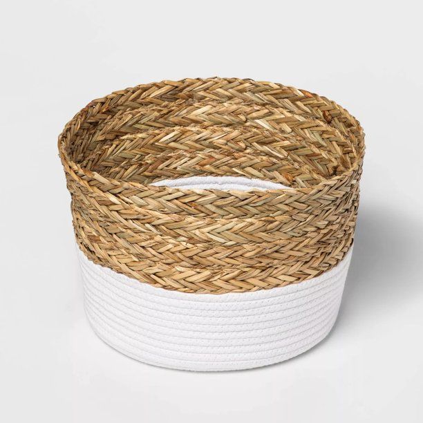 Round Basket in Braided Matgrass & White Coiled Rope - Threshold™ - Walmart.com | Walmart (US)