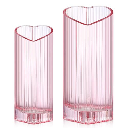 Maxcheck 2 Pcs Valentine's Day Pink Flower Vase Heart Shaped Vase Pink Glass Vase for Wedding Home Decor Table Centerpieces Living Room Kitchen Office Restaurant Hotel Dining Table, 2 Size | Amazon (US)