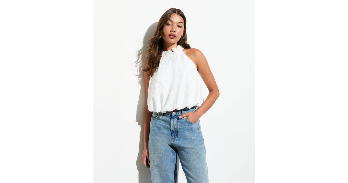 Off-White Halter-Neck Floral-Trim Crinkled Sleeveless Top
						
						Add to Saved Items
						R... | New Look (UK)