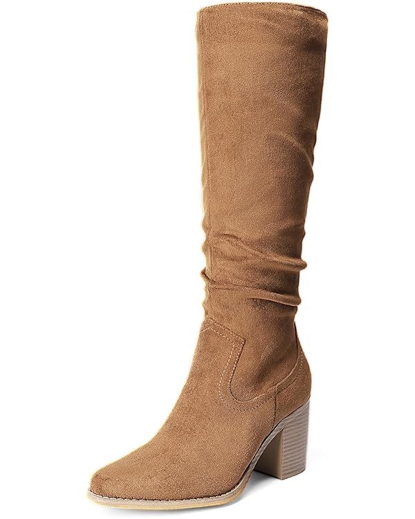 DREAM PAIRS Women's Knee-High Boots, Comfortable Chunky Block Heel Pointed Toe Pull On Side Zippe... | Amazon (US)