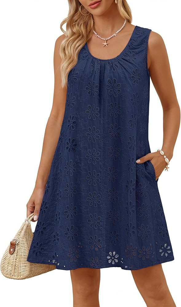 MEROKEETY Women's Summer Eyelet Hollow Out Sundress 2026 Sleeveless Swing A Line Boho Beach Vacat... | Amazon (US)