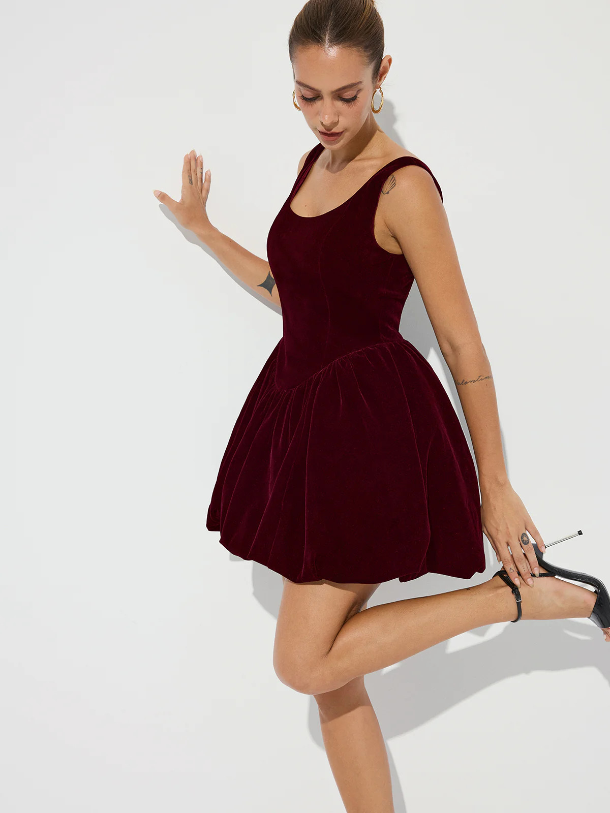 Bubble Hem Velvet Strappy Mini Dress | Commense