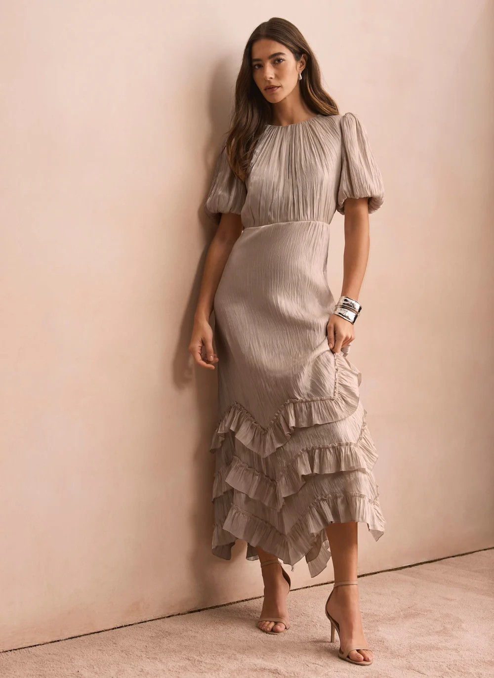 Neutral Metallic Ruffle Maxi Dress | Mint Velvet