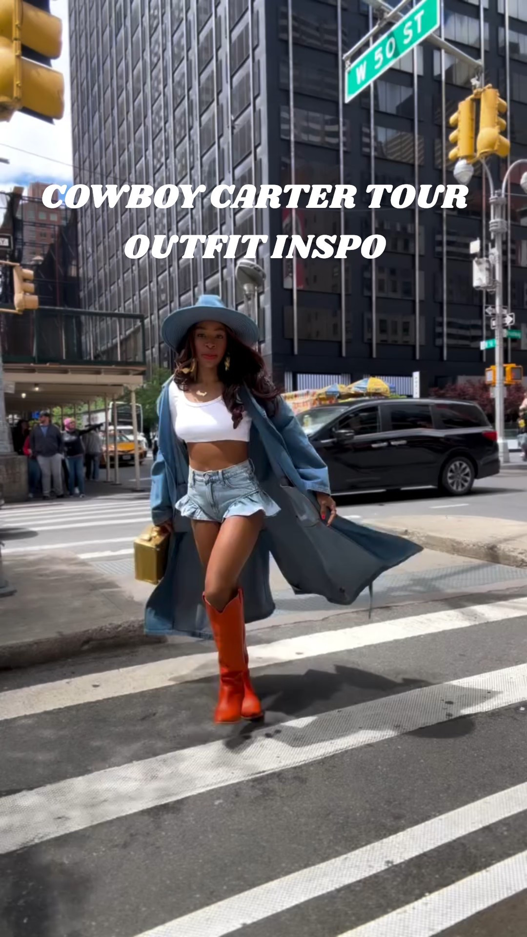 I call this “Urban Cowgirl” 🤠🗽😊💕 I didn’t go the the Cowboy Carter Tour BUT if I did go this is what I would wear! 

So grateful the @banishacnescars team brought the concert to us with a special opportunity to learn choreography from the Cowboy Carter tour from one of Beyoncé’s choreographers!!!!!l

The theme was of course “Cowboy Carter” with an emphasis on gold and denim. How did I do?!?! 

Here’s the ootd details for some inspo for those attending the concert or if you want to incorporate the western trend into your personal style:

Hat: @levis 
Trench: @nyandcompany 
Shorts: @frame 
Earrings: @itsallculture_statementjewelry 
Boots: @jeffreycampbell 
Bag: PR for a cologne that i’m using as a bag @azzaro_parfums 
**i will tag the ootd on my @shop.ltk - link in bio 🫶🏾

#cowboycarter #cowboycartertour #westernghats #westernoutfit #cowgirlchic #nycstreetstyle #nycstyleblogger #denimondenim