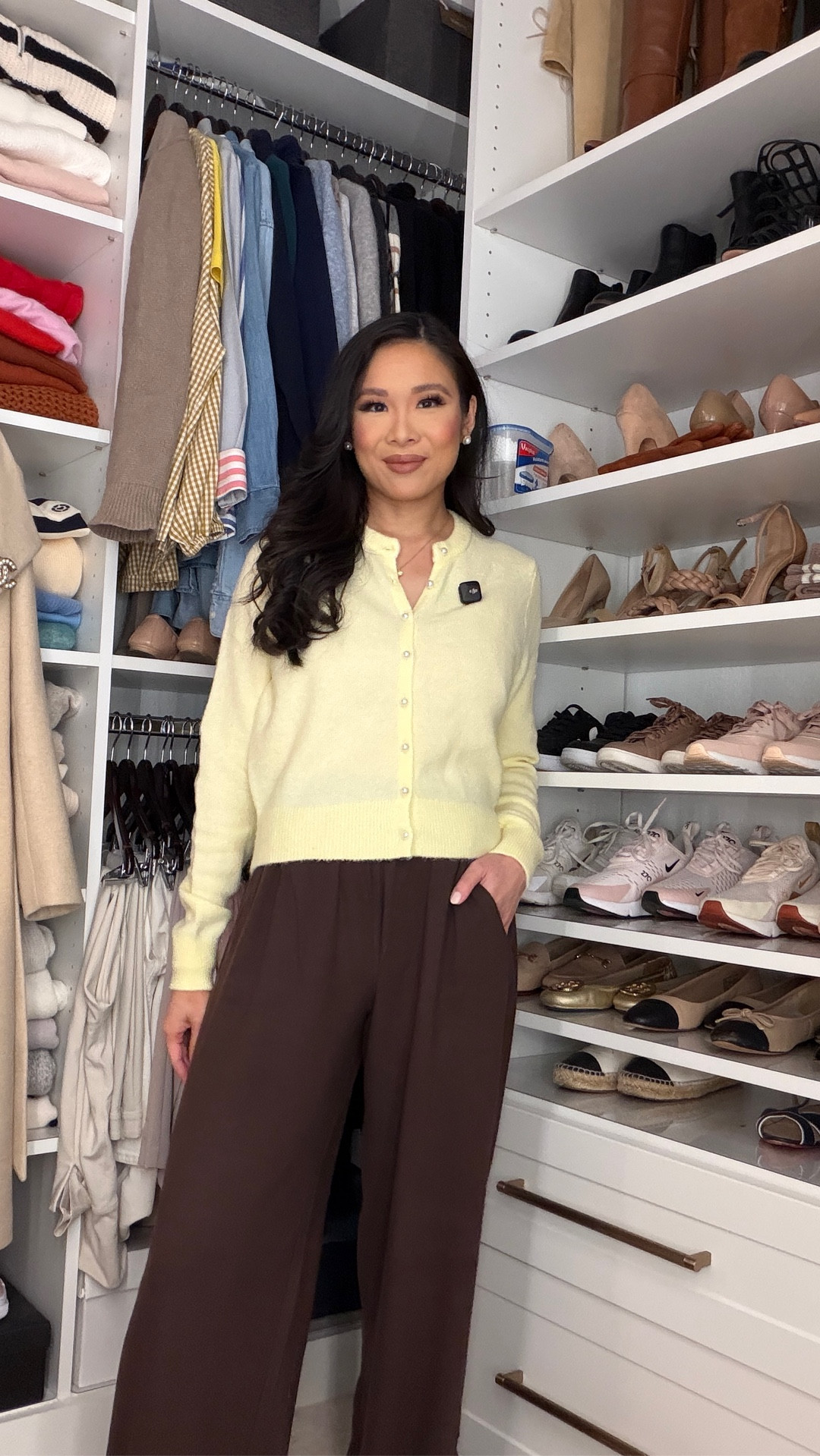 Butter yellow wool blend cardigan with faux pearl buttons. Pairing either brown brushed sweatpants that have a more elevated look. Wearing size XS in both  

#LTKPetite #LTKSaleAlert #LTKootd