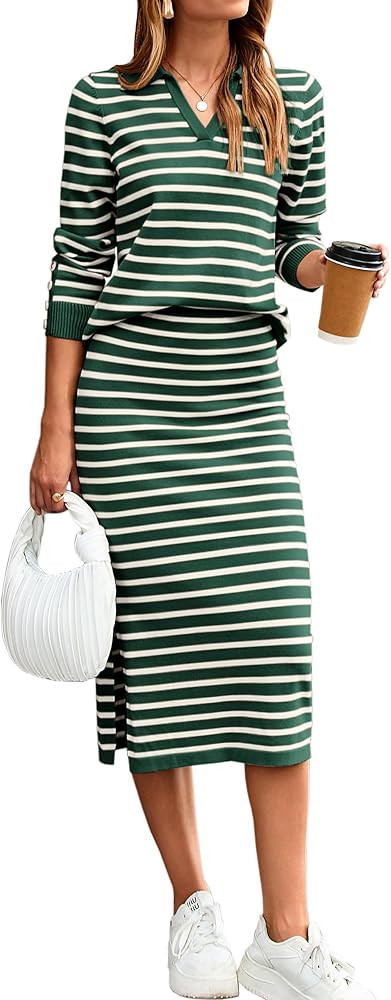 Glamaker Womens 2 Piece Skirt Sets Striped Sweater Dress Casual Polo Neck Knit Long Sleeve Midi D... | Amazon (US)