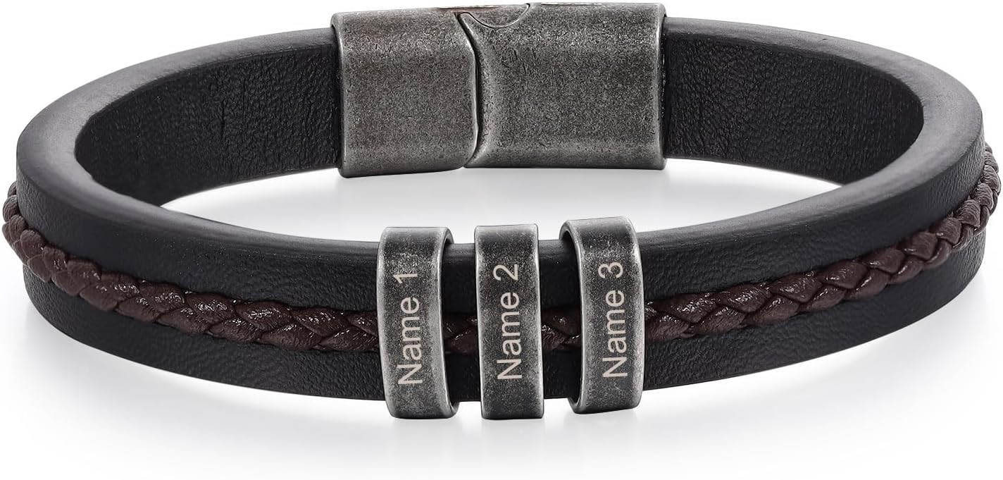 Jeweidea Personalized Leather Bracelet with Name Beads, Custom Braided Bangle Father's Day Engrav... | Amazon (US)