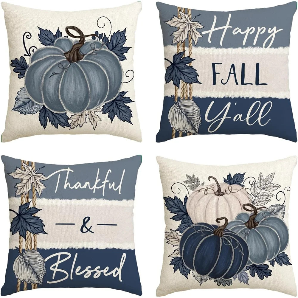Happy Fall Blue Pumpkin Pillow Covers Set of 4 | Thanksgiving Thankful Blessed Throw Pillow Cases for Home Décor | Wayfair North America