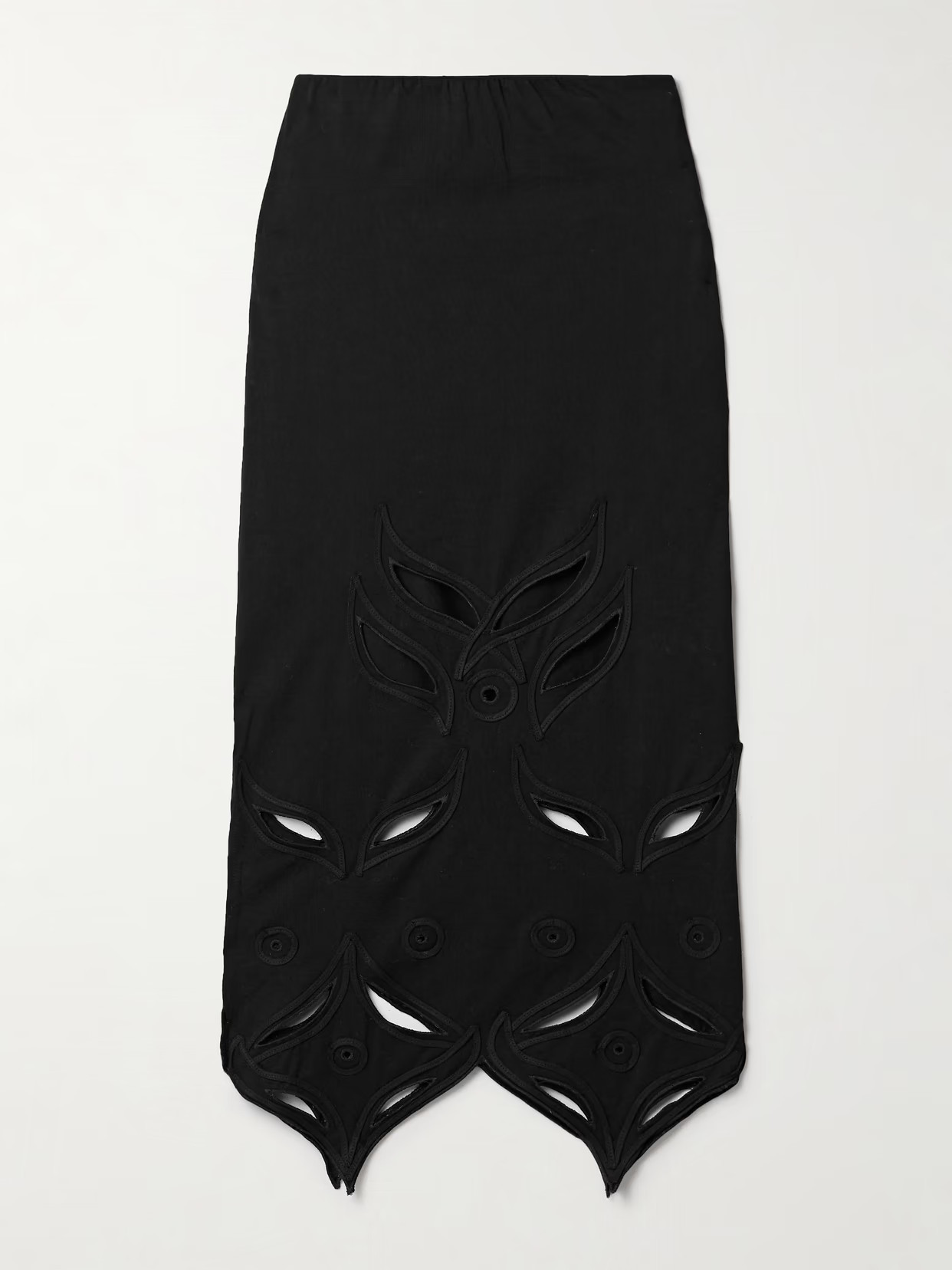 Conner Ives - Schiffli Cutout Appliquéd Embroidered Cotton-jersey Midi Skirt - Black | NET-A-PORTER (US)