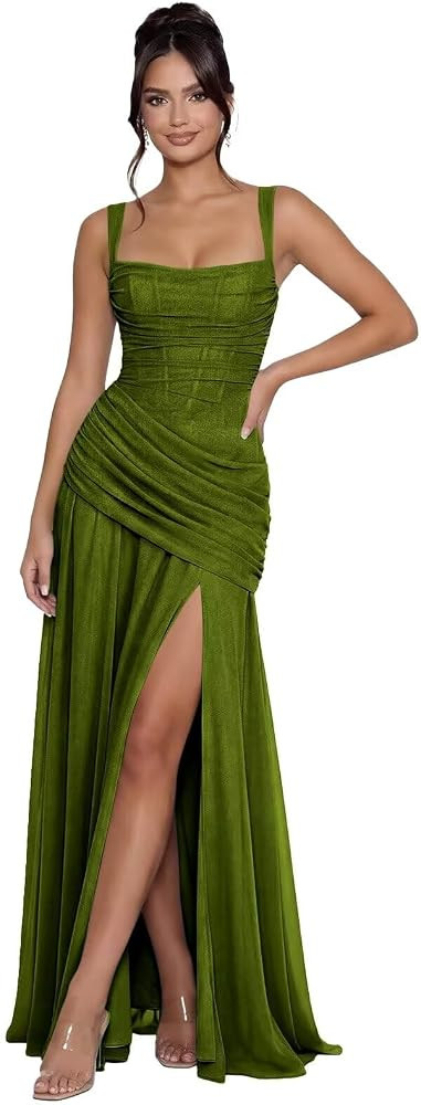 Spaghetti Straps Square Neck Bridesmaid Dresses for Women Long with Slit Chiffon A-Line Elegant F... | Amazon (US)