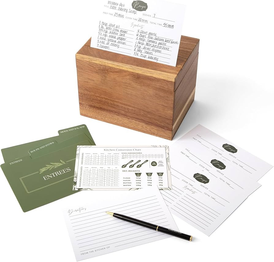 Recipe Box with Cards and Dividers | Wooden Recipe Box w/Removable Wooden Centerpiece | Wood Reci... | Amazon (US)