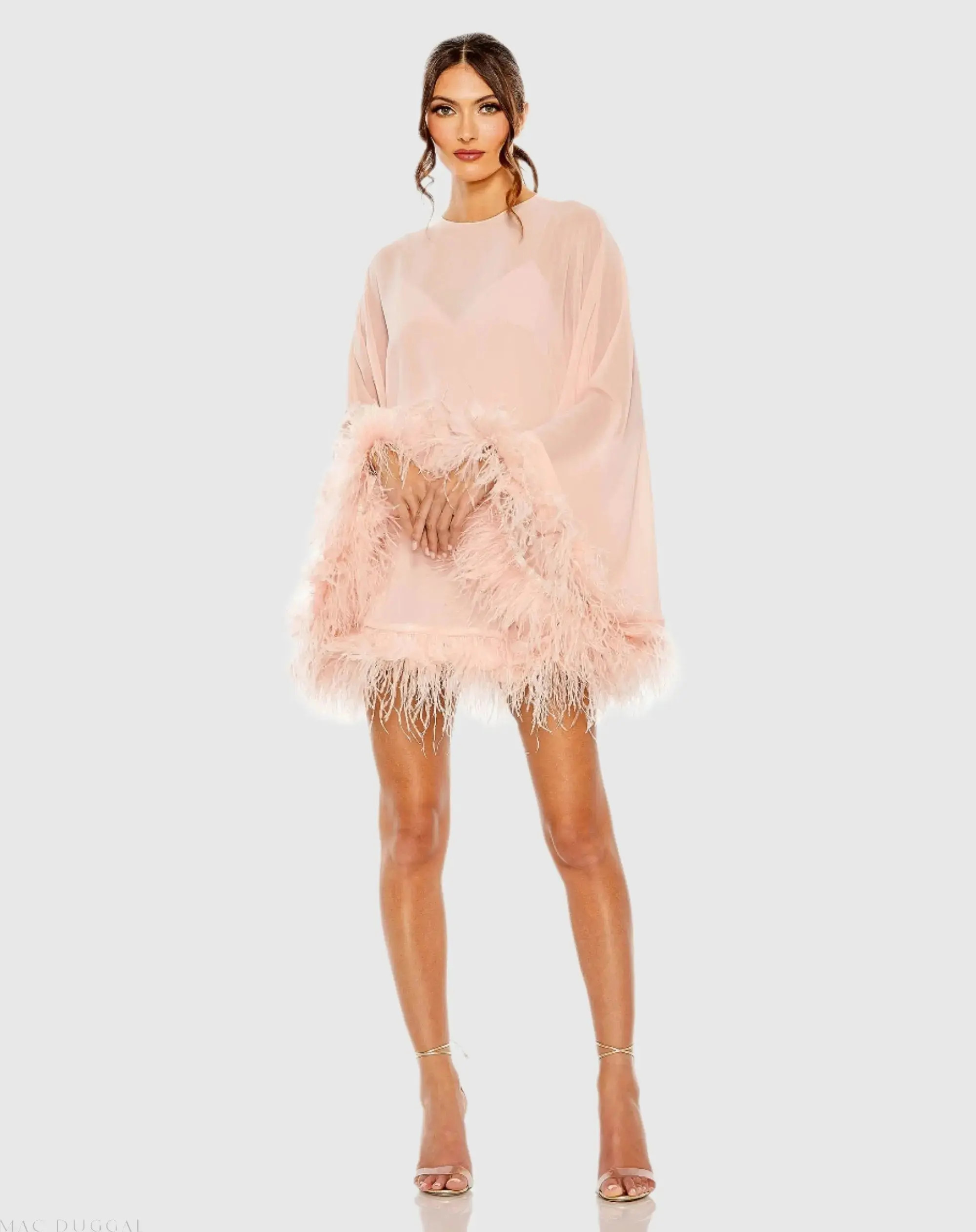 Ieena for Mac Duggal - Pink Trapeze Feather Trim Mini Dress - US 12 | Mac Duggal