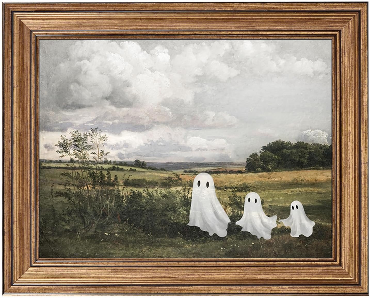 Vintage Halloween Wall Art, Gold Framed Cute Ghost Rustic Landscape Painting, Aesthetic Spooky Farmhouse Decor, Fall Seasonal Canvas Picture for Mantel, Living Room, Bedroom, Shelf Display (12"L x 9.5"W) | Amazon (US)