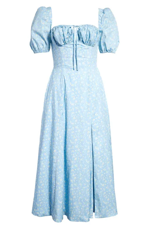 HOUSE OF CB Tallulah Puff Sleeve Midi Dress in Blue Ivory Floral at Nordstrom, Size Small | Nordstrom