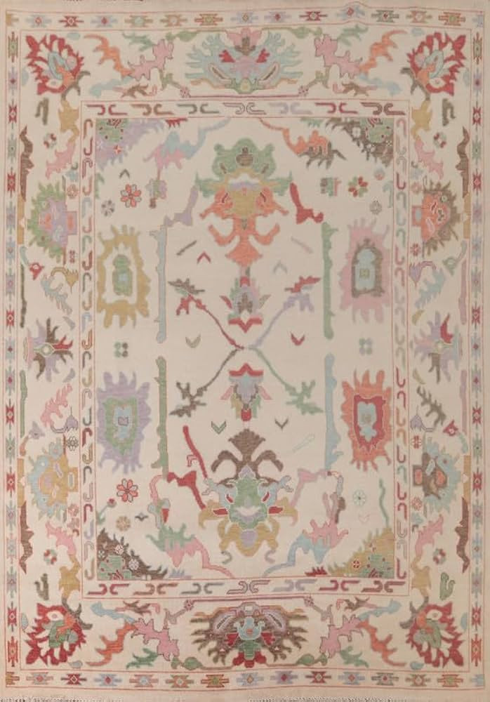 Colorful Area Rug| Oushak Rug in Ivory, Powder Blue, Grass Green & Raspberry Pink| Modern Floral ... | Amazon (US)