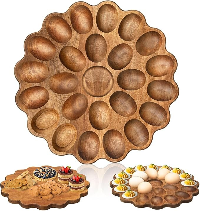 Acacia Wood Deviled Egg Platter 11 Inch 25 Holes Round Deviled Egg Serving Tray Reversible Charcu... | Amazon (US)