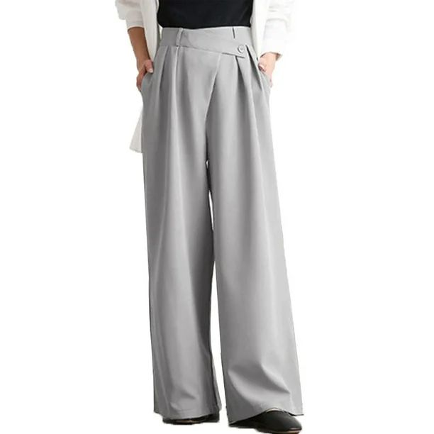 Women's Plain Wide Leg Buttons Trousers Casual Office Loose Work High Waist Pants - Walmart.com | Walmart (US)