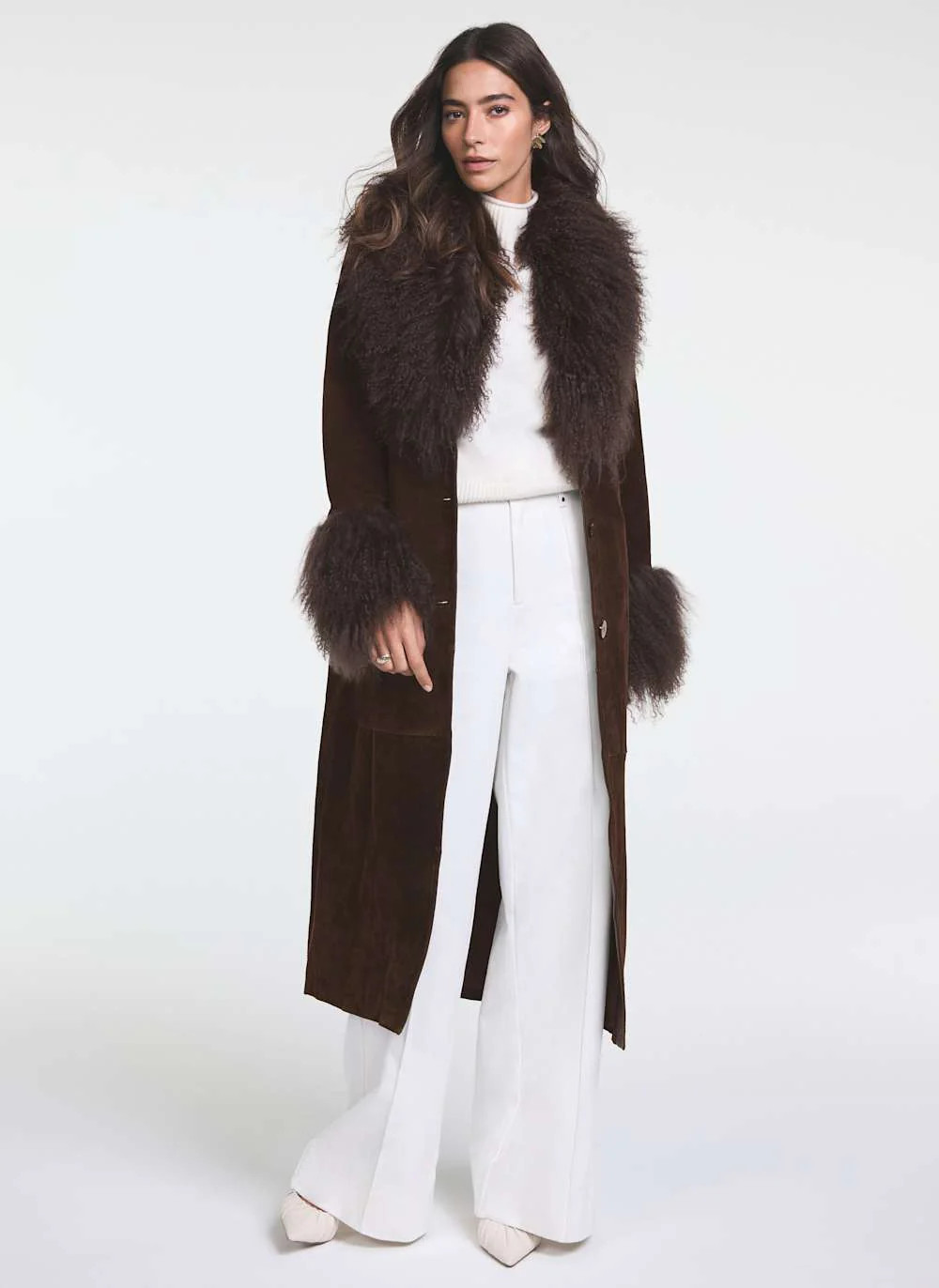 Brown Suede Fur Trim Coat | Mint Velvet