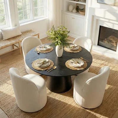 4 - Person Dining Table Sets With 52'' Round Table & 4 Upholstered Linen Rolling Chairs | Wayfair North America