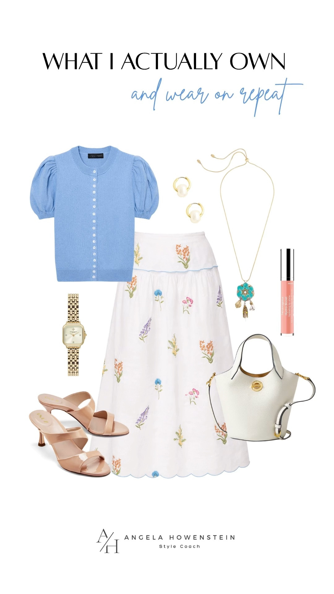 Easy elegant style with a blue top and a delicate floral midi skirt.

#LTKSaleAlert #LTKOver40 #LTKootd