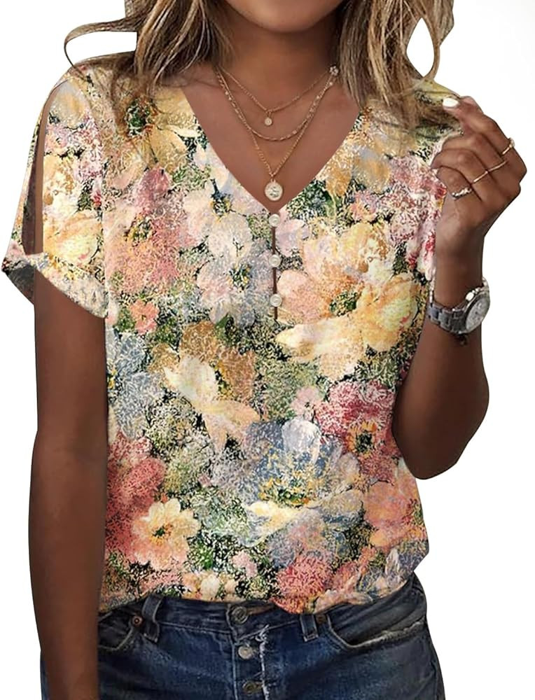 ETCYY NEW Womens Summer Tunic Tops 2025 Short Sleeve Cold Shoulder Shirts Dressy Casual Blouses | Amazon (US)