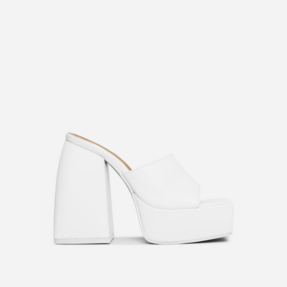Emerson Square Peep Toe Statement Platform Block Heel Mule In White Faux Leather | EGO Shoes (US & Canada)