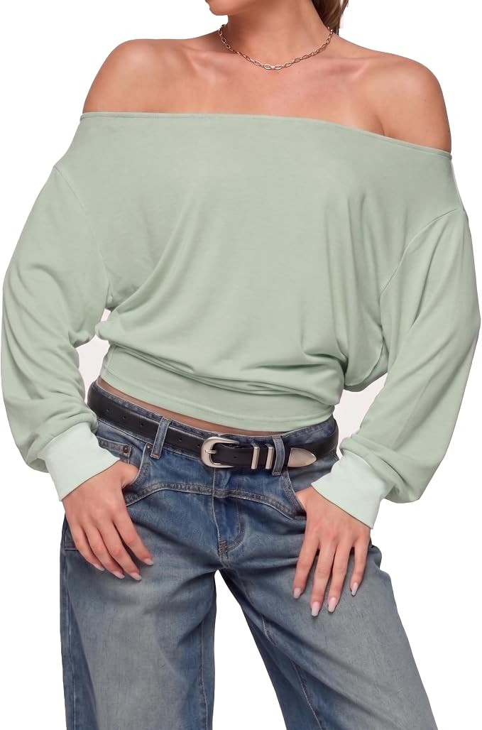 Women's Off Shoulder Oversized Long Sleeve Top Soft Body Slouchy Blouse with Ribbed Cuffs | Amazon (US)