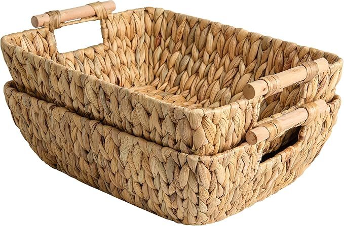 StorageWorks Hand-Woven Jumbo Storage Baskets with Wooden Handles, Water Hyacinth Wicker Baskets ... | Amazon (US)