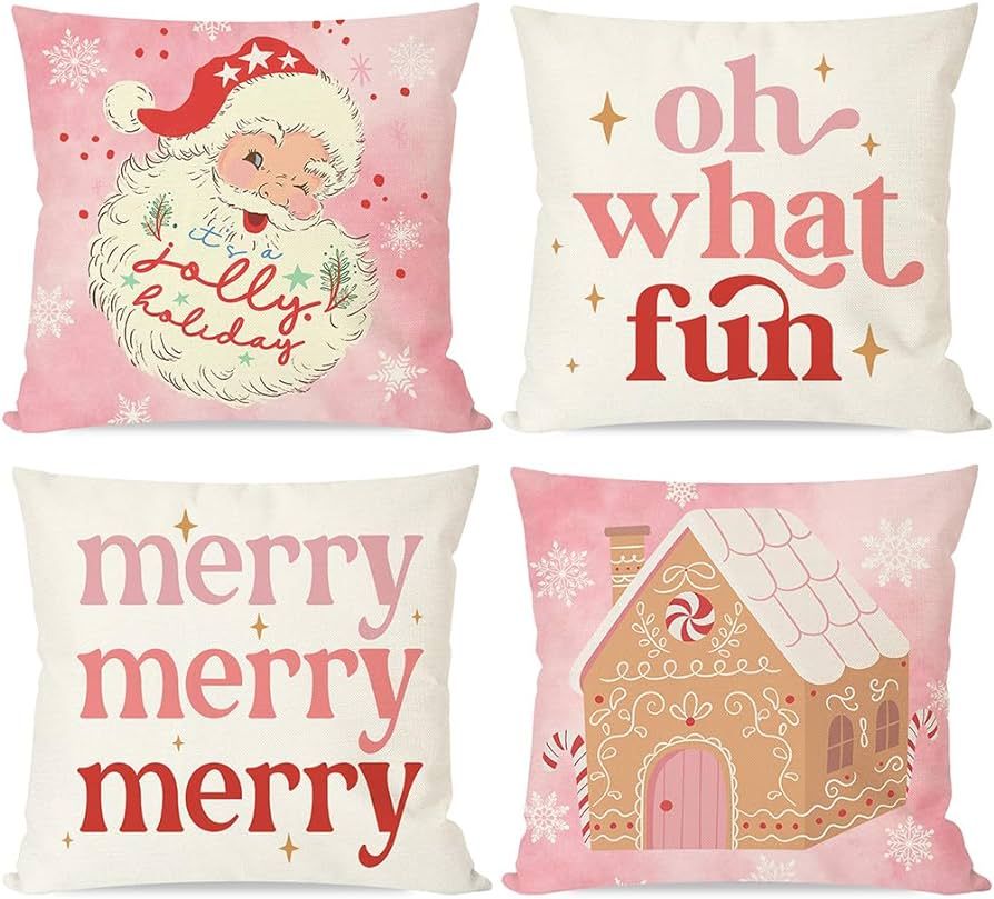 Amazon.com: PANDICORN Pink Christmas Pillow Covers 18x18 Set of 4 Santa Claus Gingerbread House C... | Amazon (US)