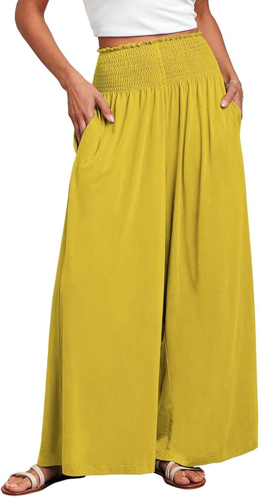 ANRABESS Women Palazzo Pants Summer Boho Bagyy Wide Leg High Smocked Waist Casual Loose Lounge Pa... | Amazon (US)