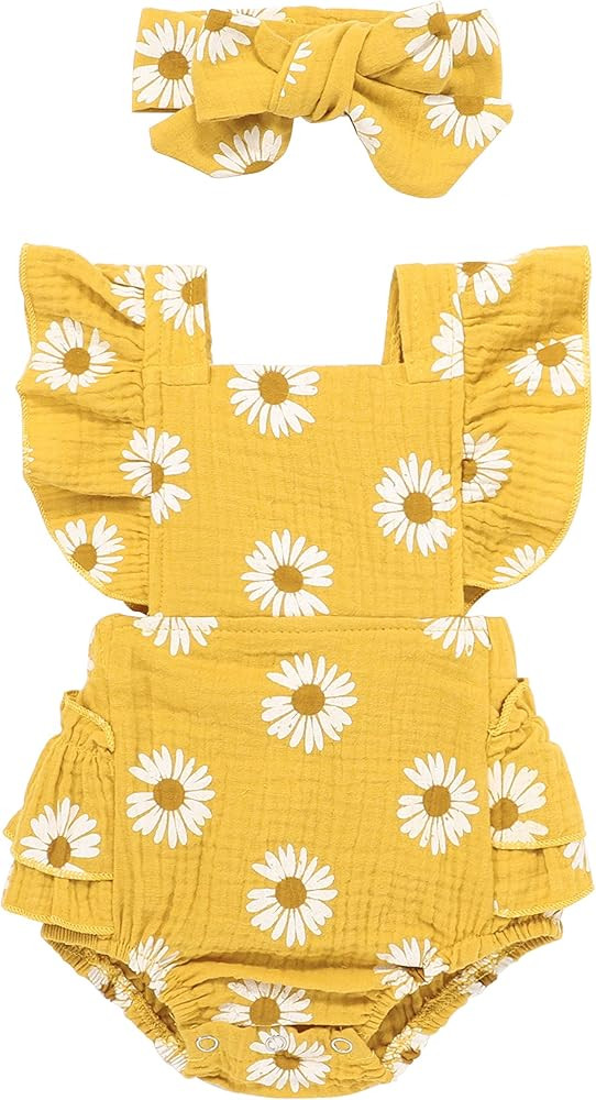 Newborn Baby Girl Floral Romper Ruffle Sunflower Jumpsuit Bodysuit Outfit Summer Clothes Bowtie | Amazon (US)