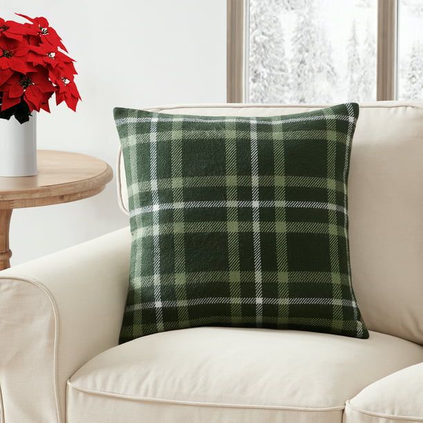 My Texas House Tatum 20" x 20" Farmhouse Green Plaid Acrylic-Cotton Square Decorative Pillow Cove... | Walmart (US)