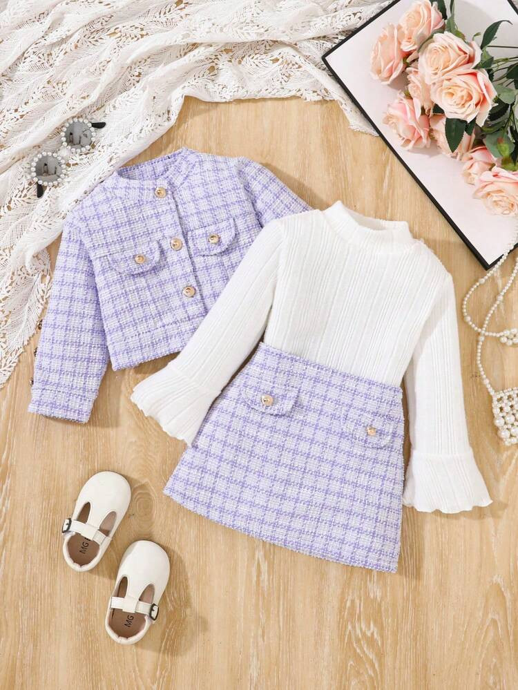 2pcs/Set Toddler Girls' Stylish French Style Dress & Skirt Set, Elegant Outfit For Early Autumn | SHEIN