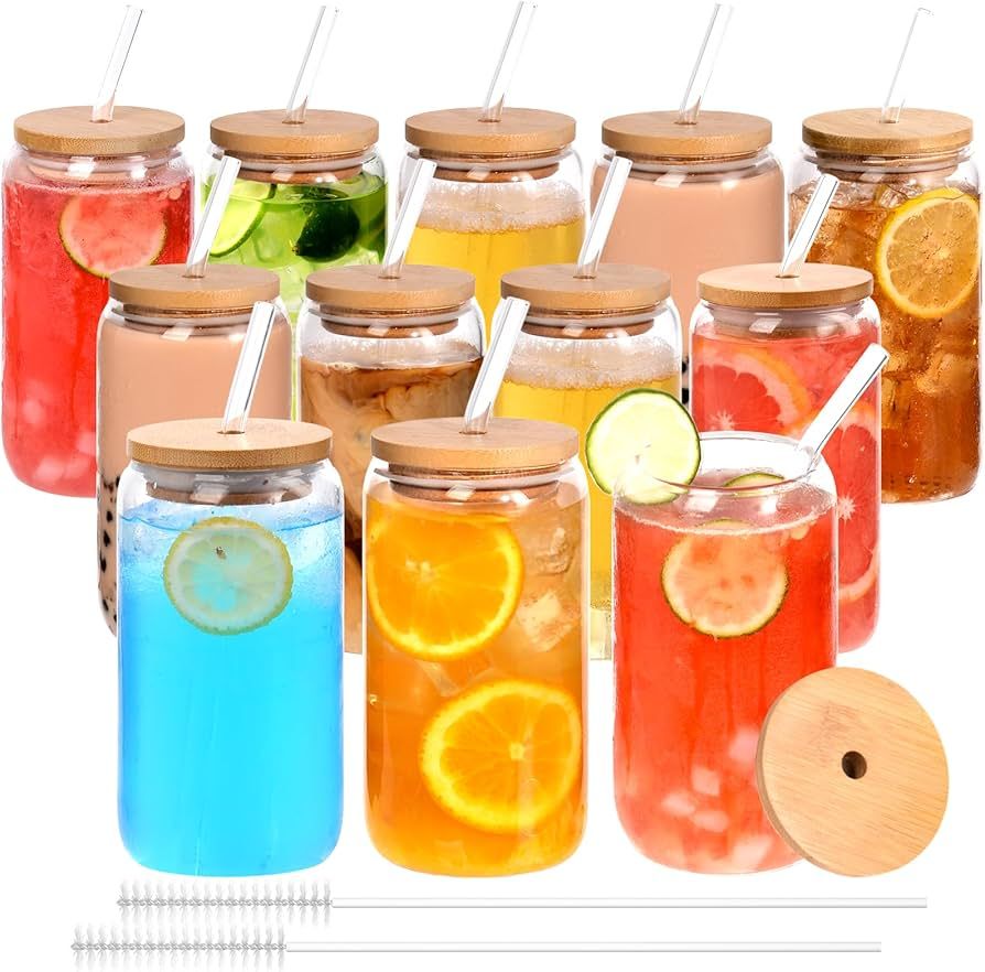 12pcs Glass Cups with Bamboo Lids and Glass Straws Set-16oz Can Shaped Drinking Glasses, Beer Gla... | Amazon (US)