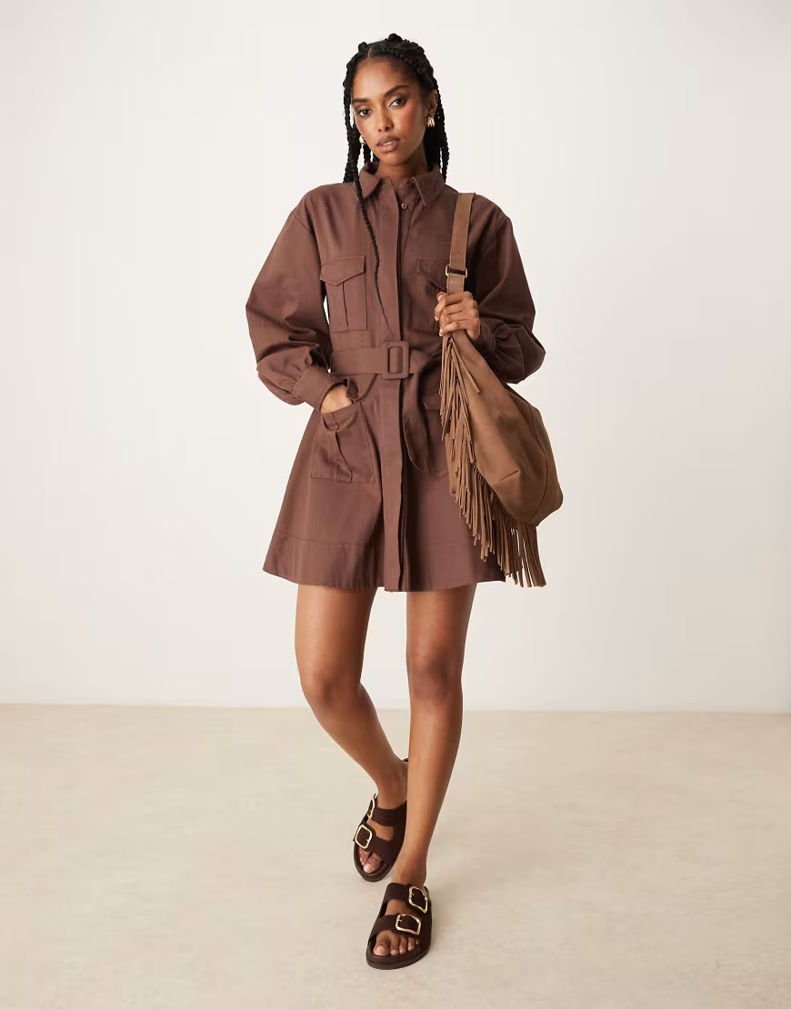 ASOS DESIGN utility shirt mini dress with belt in chocolate-Black | ASOS (Global)