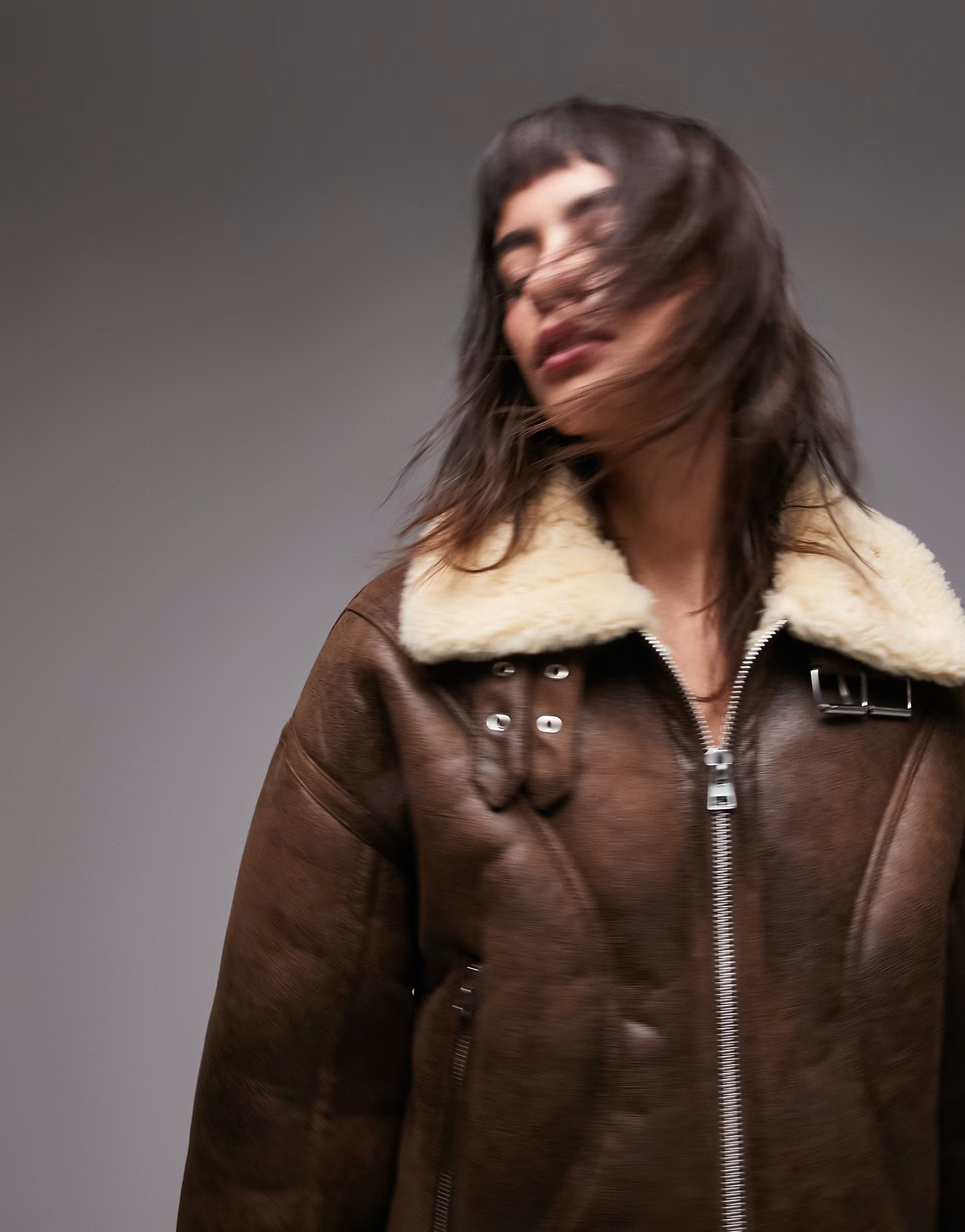 Topshop faux leather shearling cropped aviator jacket with seaming detail in dark brown | ASOS (Global)