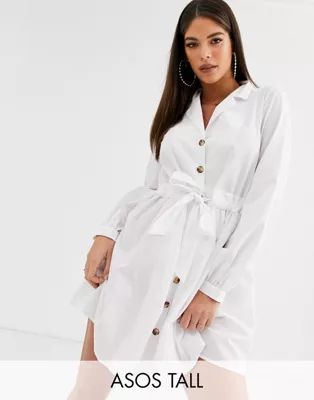ASOS DESIGN Tall button through mini cotton shirt dress with ruched waist in white | ASOS (Global)