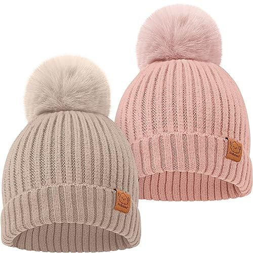 KeaBabies 2-Pack Baby Hats for Girls, Boys - Stretchy Baby Beanies, Cute Newborn & Toddler Winter Hat, Soft & Warm Pom Pom Beanie for Infant, Toddler, Boys, Girls 0-6 Months (Fawn, S) | Amazon (US)
