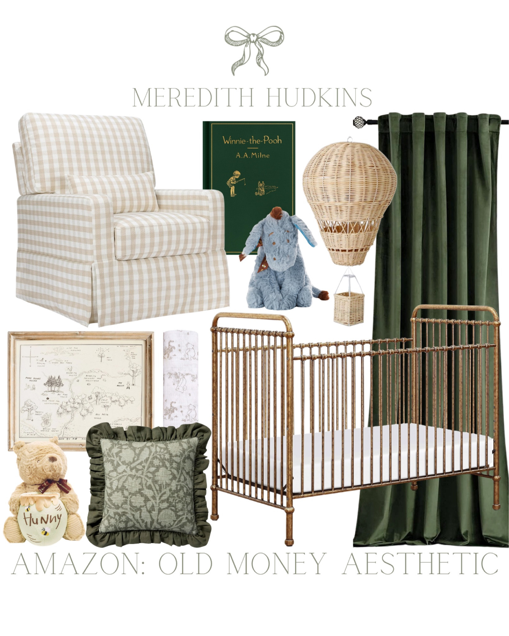 meredith hudkins, old money aesthetic, preppy style, classic home decor, timeless decor, traditional home decor, gingham accent chair, nursery, baby boy room, winnie the pooh nursery, pooh bear, stuffed animal, namesake crib, velvet curtains, swaddle, childrens room decor, playroom, ruffle pillow

#LTKFindsUnder100 #LTKSaleAlert #LTKHome