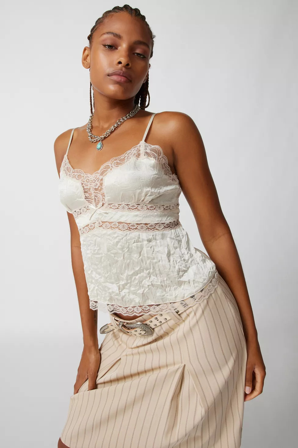 Light Before Dark Crushed Satin Lace-Inset Cami | Urban Outfitters (US and RoW)