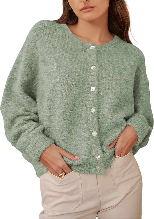 Women's Round Neck Button Down Long Sleeve Blouse Cardigan Loose Fit Knit Top Crewneck Sweater | Amazon (US)