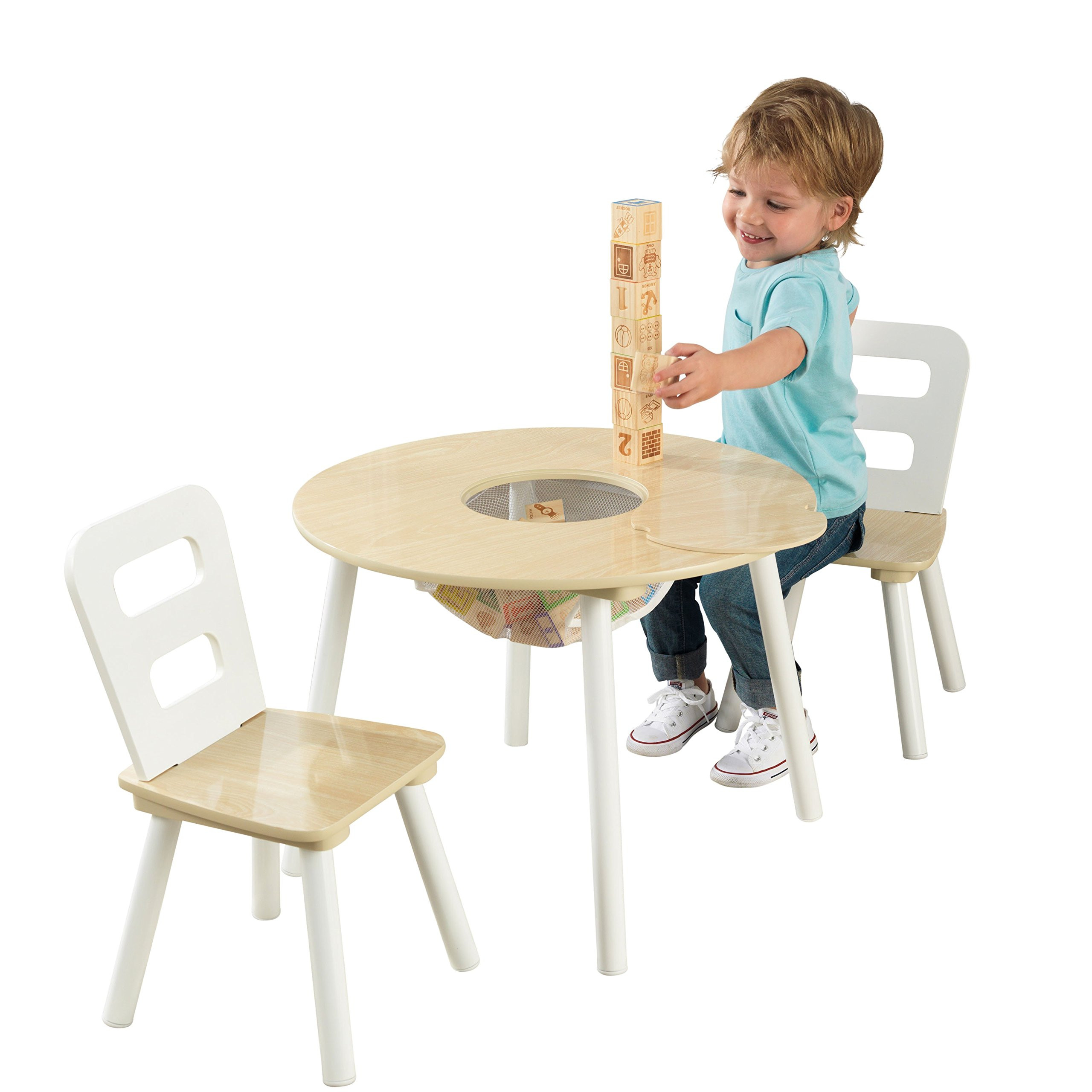KidKraft Wooden Round Table & 2 Chair Set with Center Mesh Storage - Natural & White, Gift for Ag... | Amazon (US)