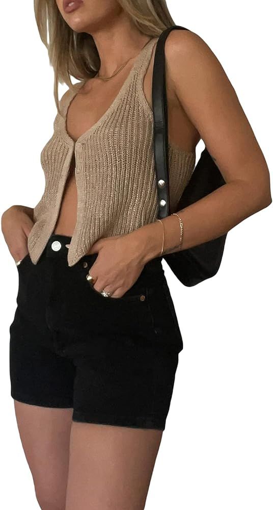 BHMAWSRT Womens Summer Crochet Knit Vest Y2k Fashion Button Front Tank Crop Camisole Going Out To... | Amazon (US)