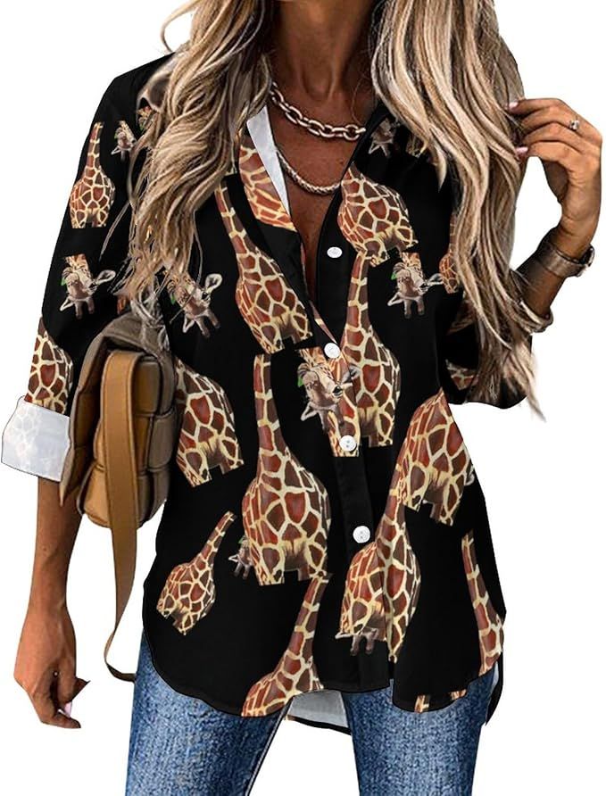 Giraffe Women's Button Down Shirts Long Sleeve Loose Blouses Tops Casual V Neck Tunic | Amazon (US)