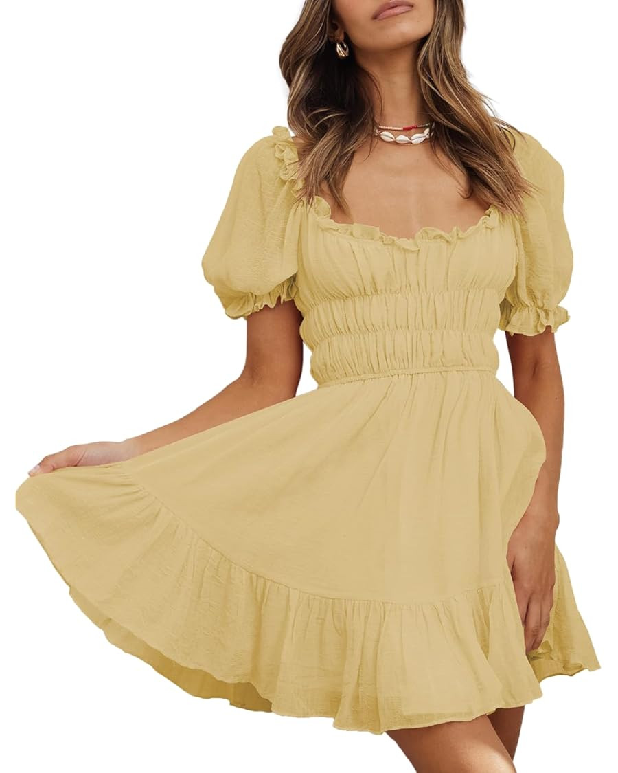 Women's Square Neck Puff Sleeve Mini Dresses Ruffle Elastic Waist A-Line Elegant Summer Casual Fl... | Amazon (US)
