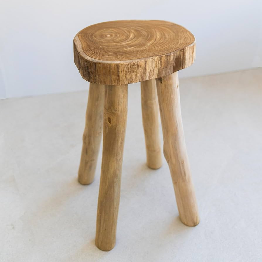 Teak Wooden Stool Side Table，Small Nightstand for Small Spaces，Handmade Natural Live Edge Top... | Amazon (US)